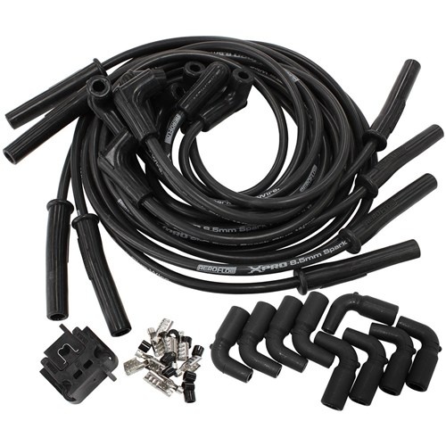 Aeroflow AF4030-32139 |  Xpro Universal 8.5mm V8 Ignition Lead Set with 90° Coil Boots - Black Suit GM LSSeries Engines With Coil Relocation